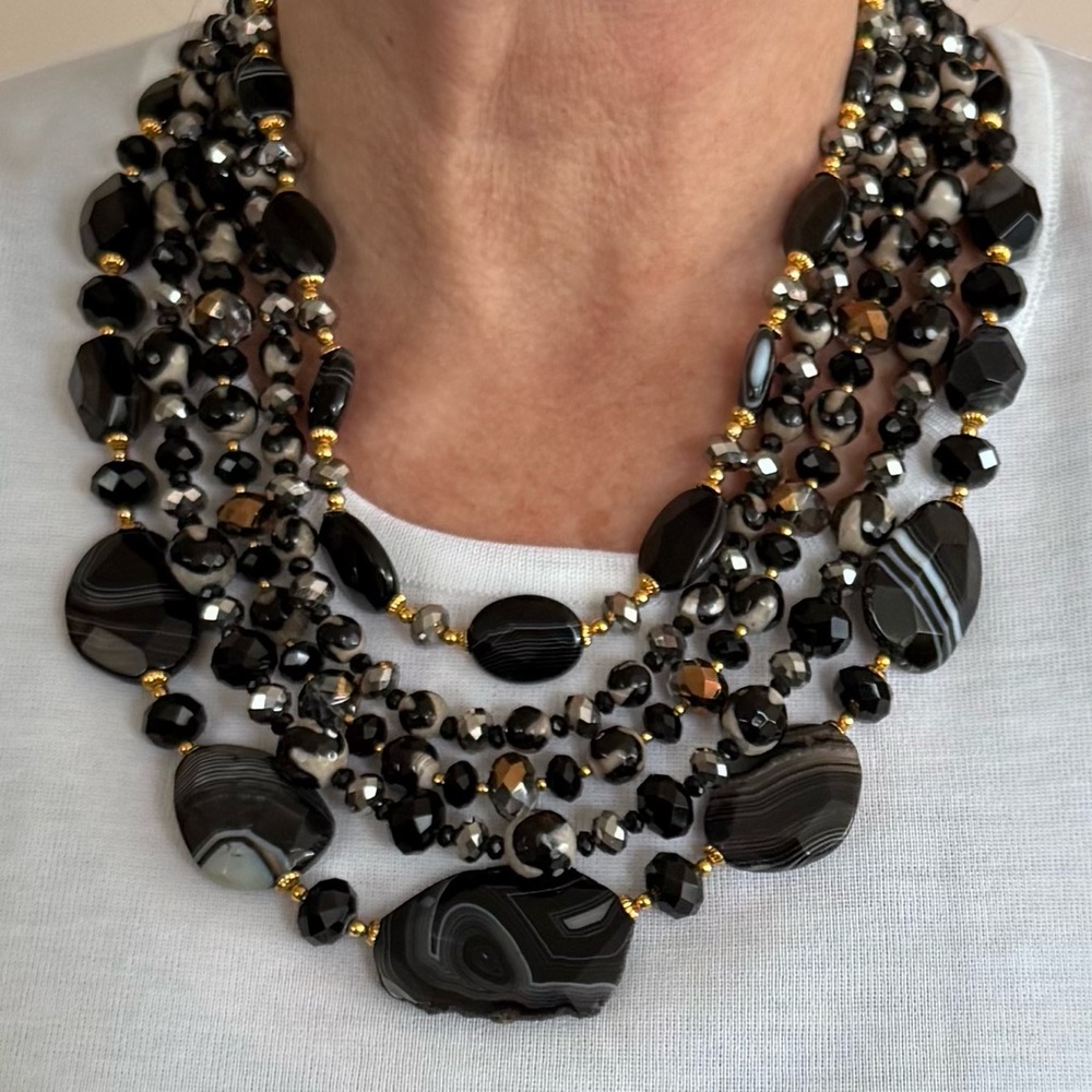 Layered Black Agate Statement Necklace with Gold Accents